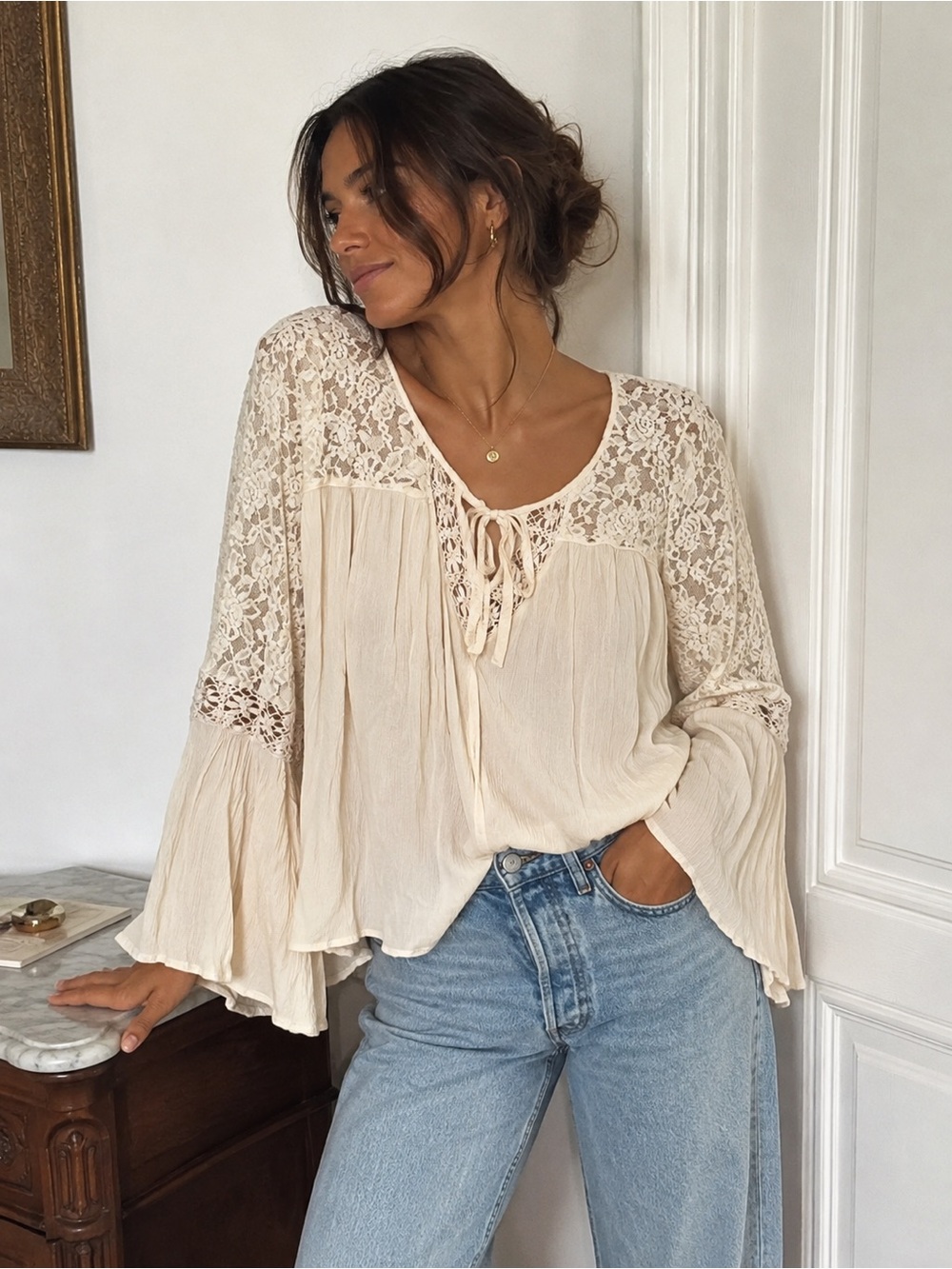 American Eagle Ivory Lace Bell Sleeve Boho Peasant Blouse L Cottagecore French